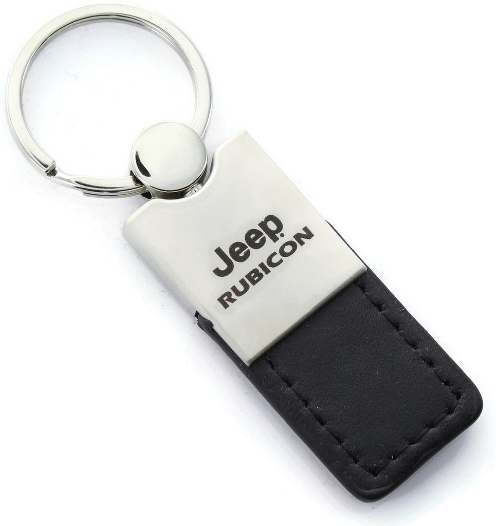 Jeep Rubicon Black Leather Long Tab Logo Key Ring - Click Image to Close